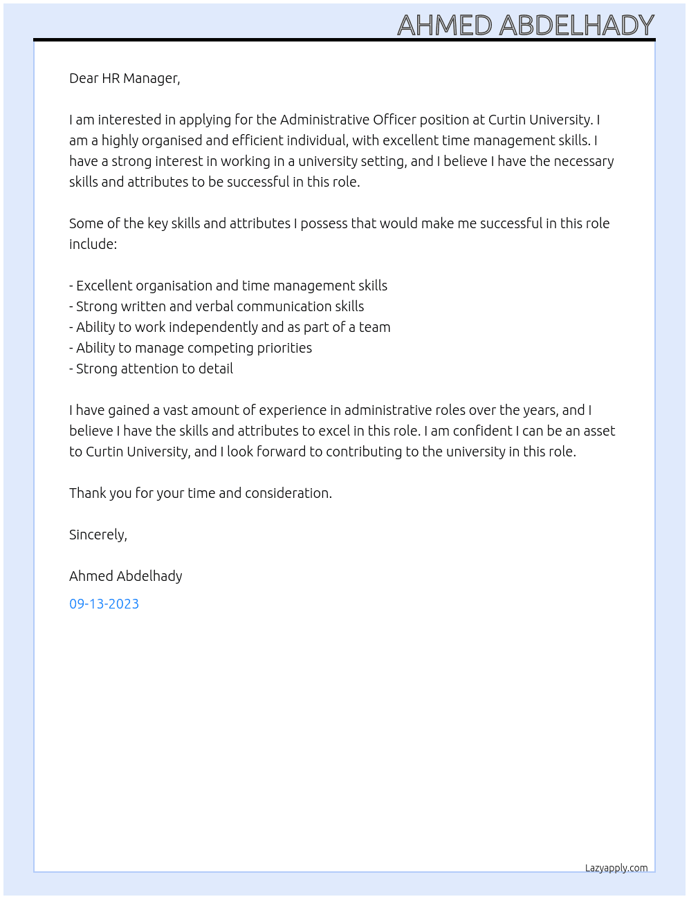 Administrative Officer At Curtin University  Cover Letter