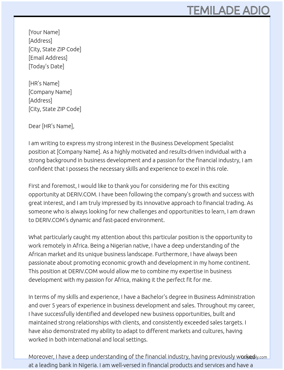  Deriv.com | Full time Africa - Business Development Specialist Remote Job  At DERIV.COM Cover Letter
