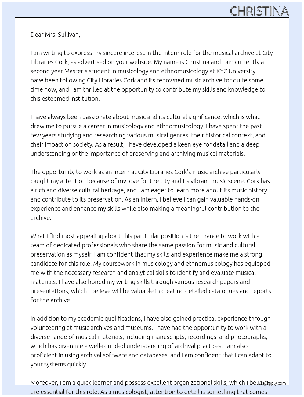 Intern for musical archive At City libraries cork, music archive Cover Letter