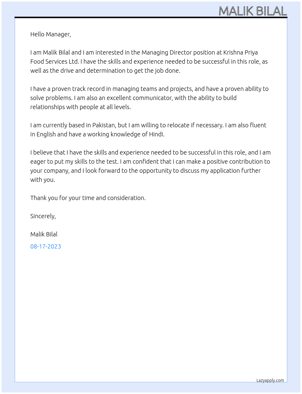 Managing director At Krishna Priya Food Services Ltd Cover Letter