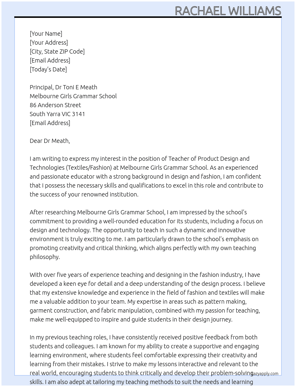 Teacher of Product Design and Technologies (Textiles/Fashion) At Melbourne Girls Grammar School Cover Letter