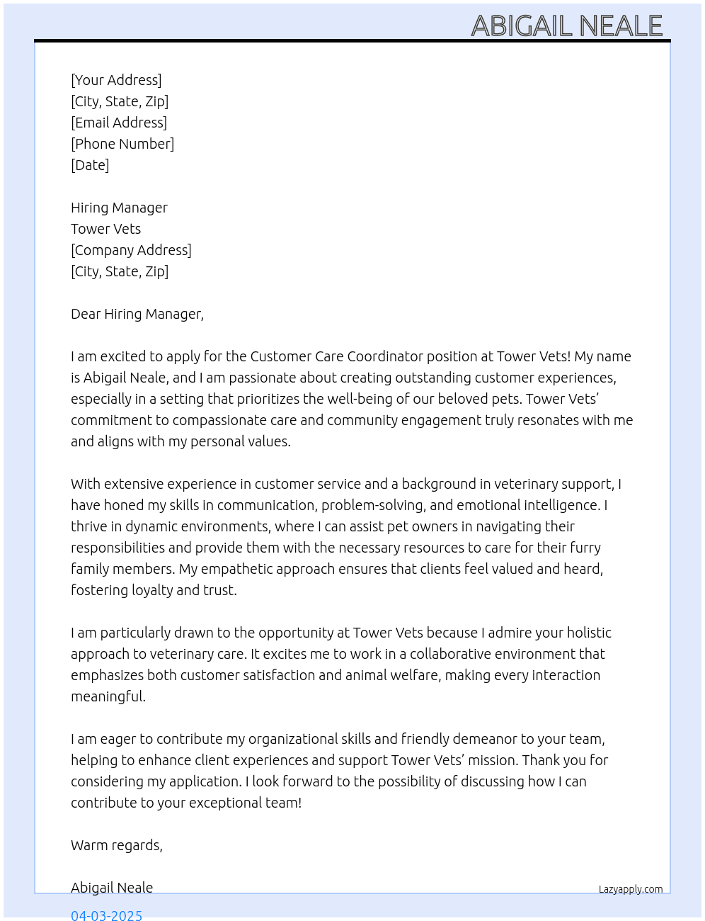 Customer Care Co-ordinator At Tower Vets Cover Letter