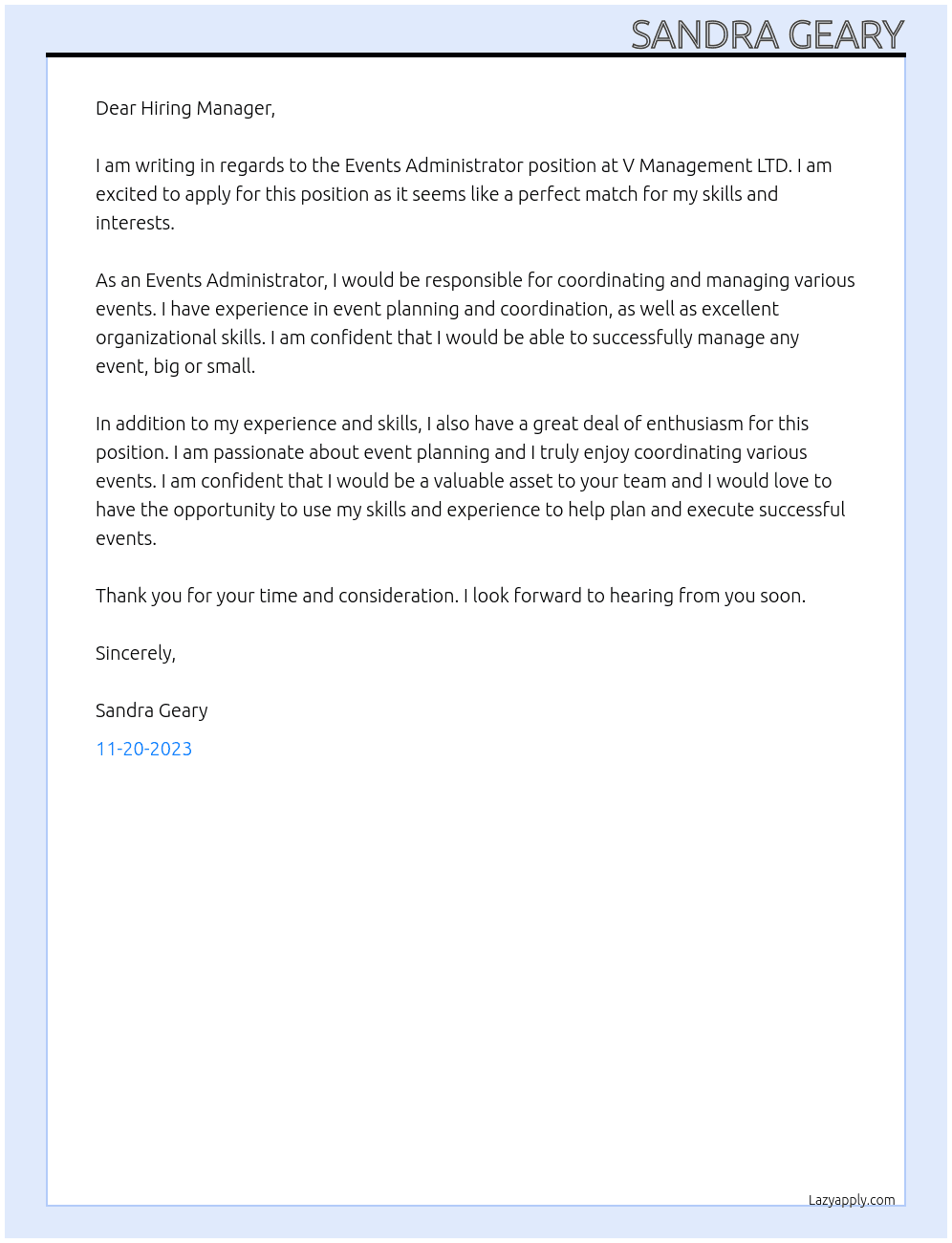 Events Administrator At V Management LTD Cover Letter