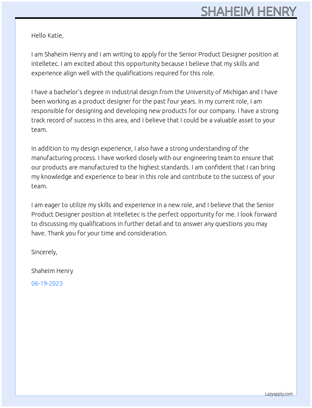 Senior Product Designer At Intelletec Cover Letter