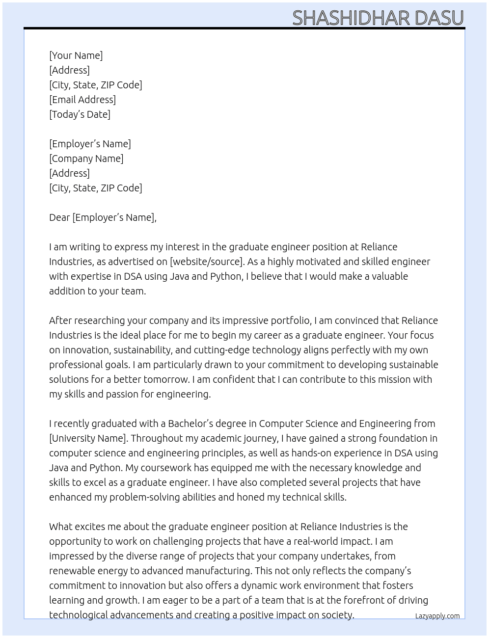 graduate engineer At reliance industries Cover Letter
