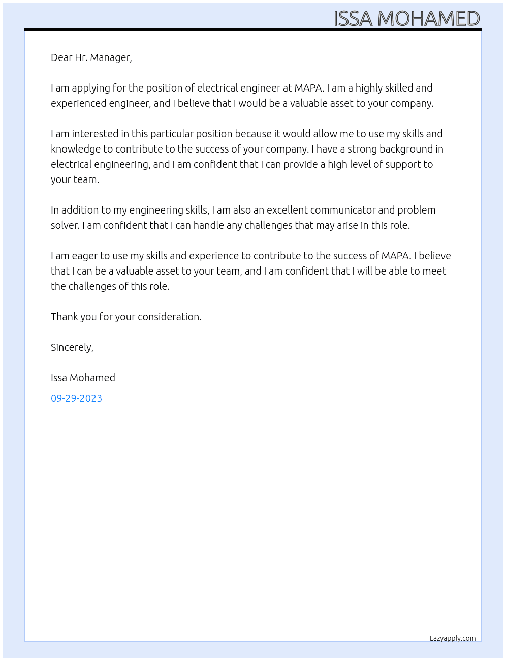 electrical engineer At MAPA Cover Letter