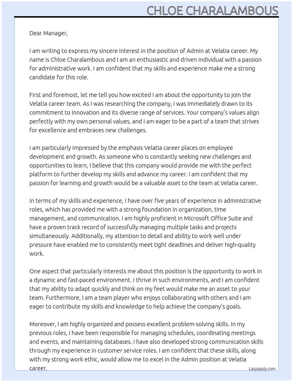 Admin  At Velatia career  Cover Letter