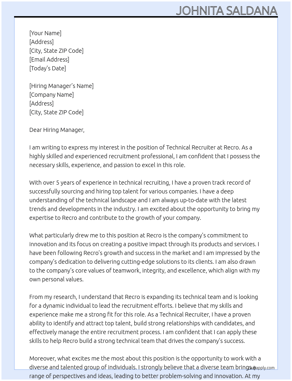 Technical Recruiter At Recro Cover Letter