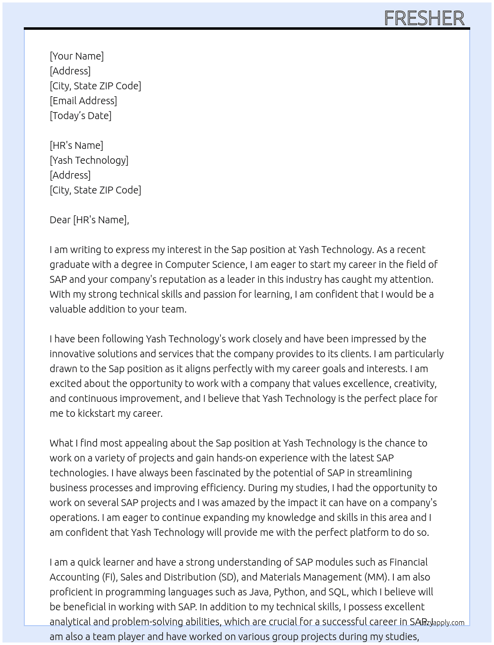 Sap At Yash technology  Cover Letter