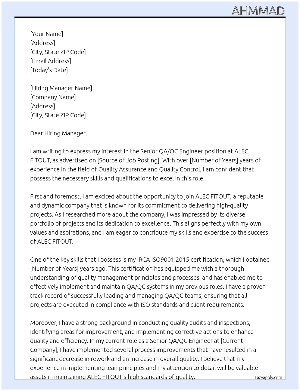 Senior QA/QC Engineer At ALEC FITOUT Cover Letter