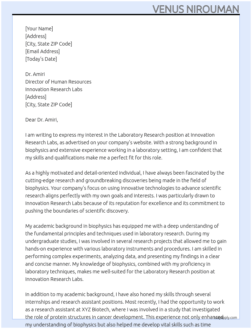 Labratory research At Innovation research labs Cover Letter