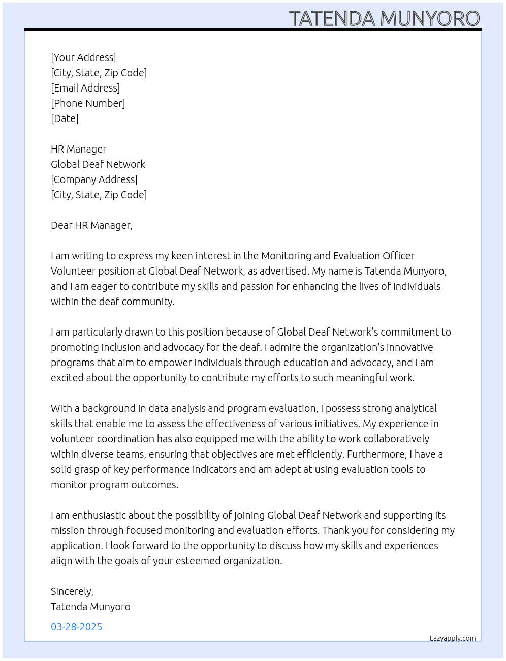 Monitoring and evaluation officer volunteer At Global Deaf Network Cover Letter