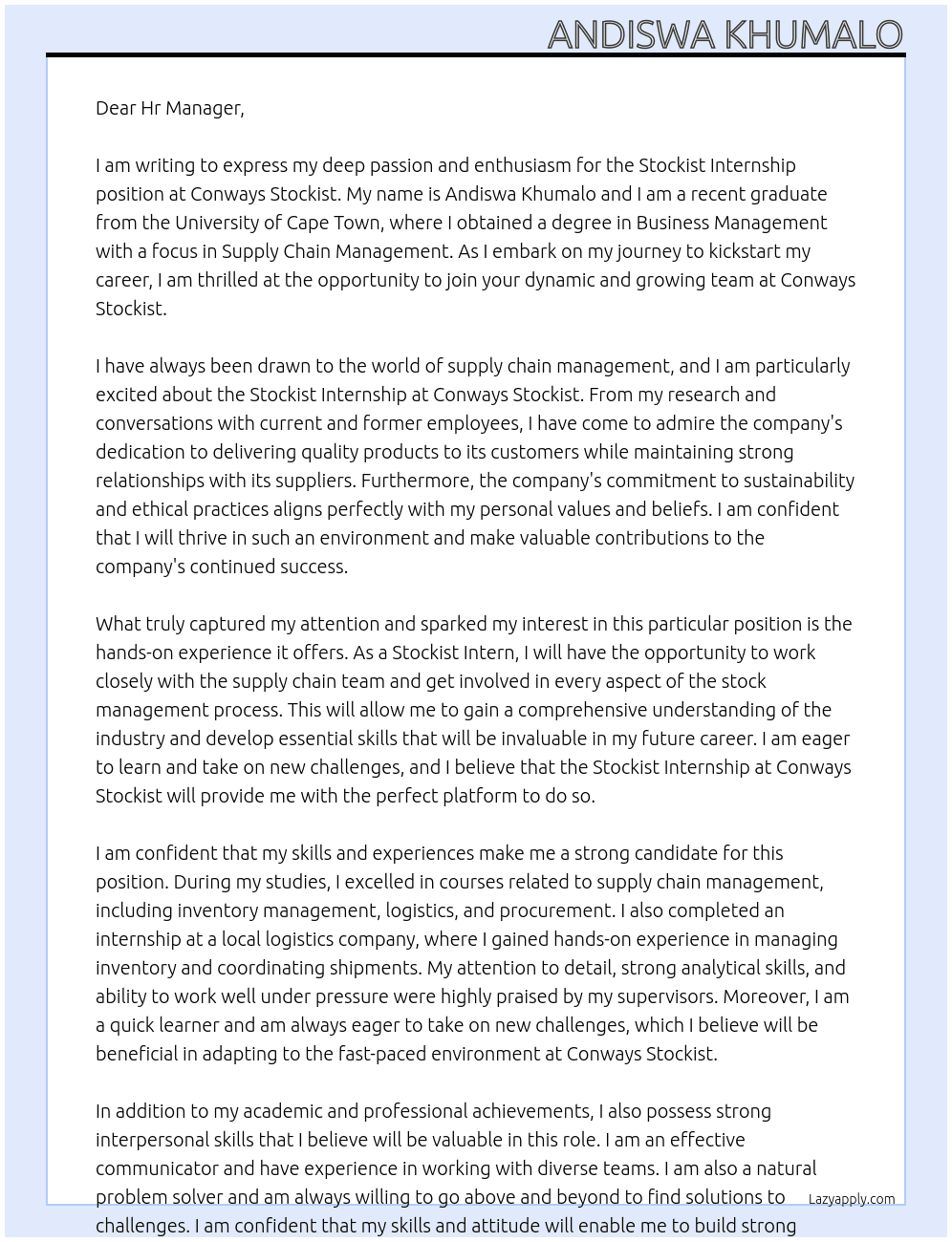 Stockist internship  At Conways Stockist Cover Letter