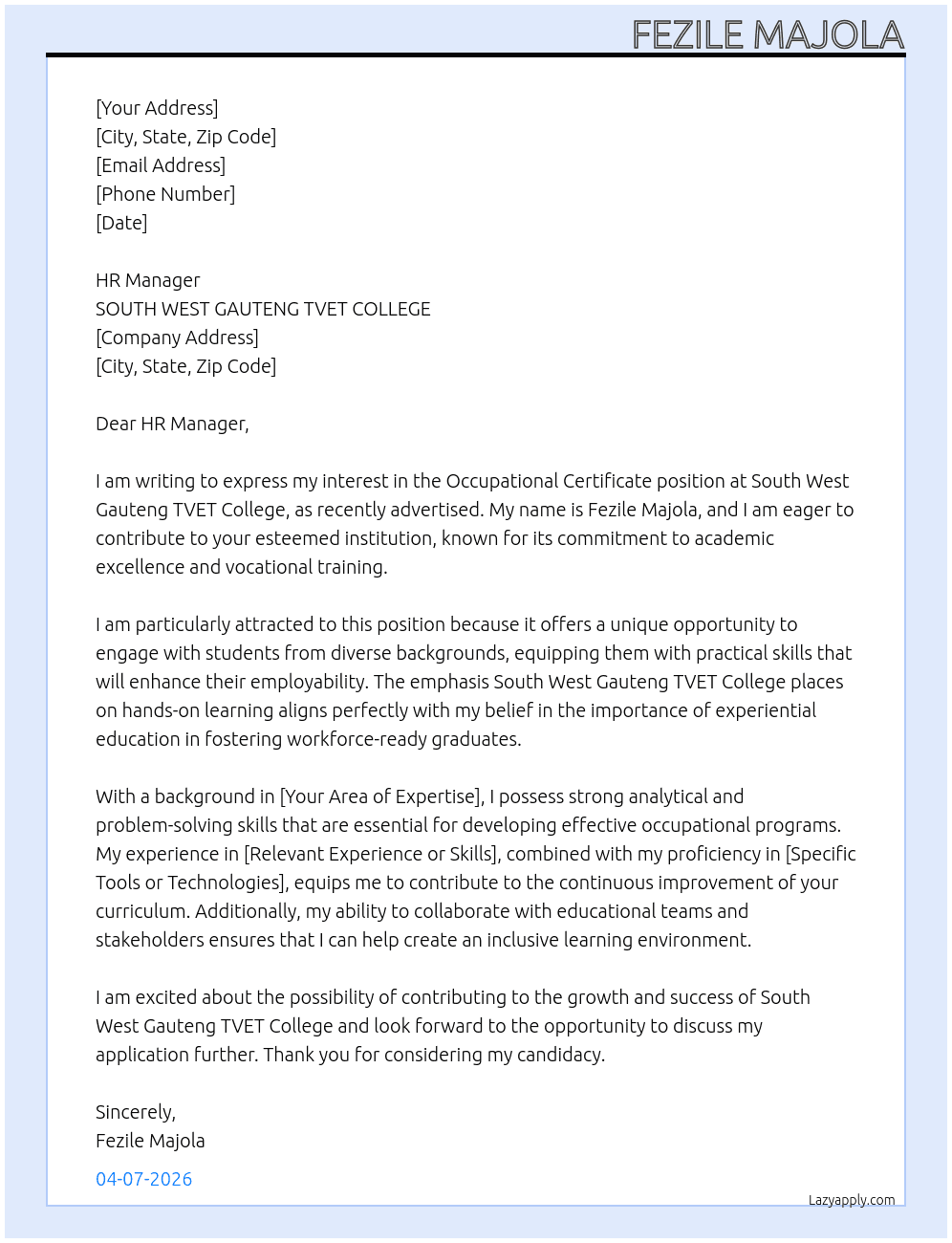 Occupational Certificate At SOUTH WEST GAUTENG TVET COLLEGE Cover Letter