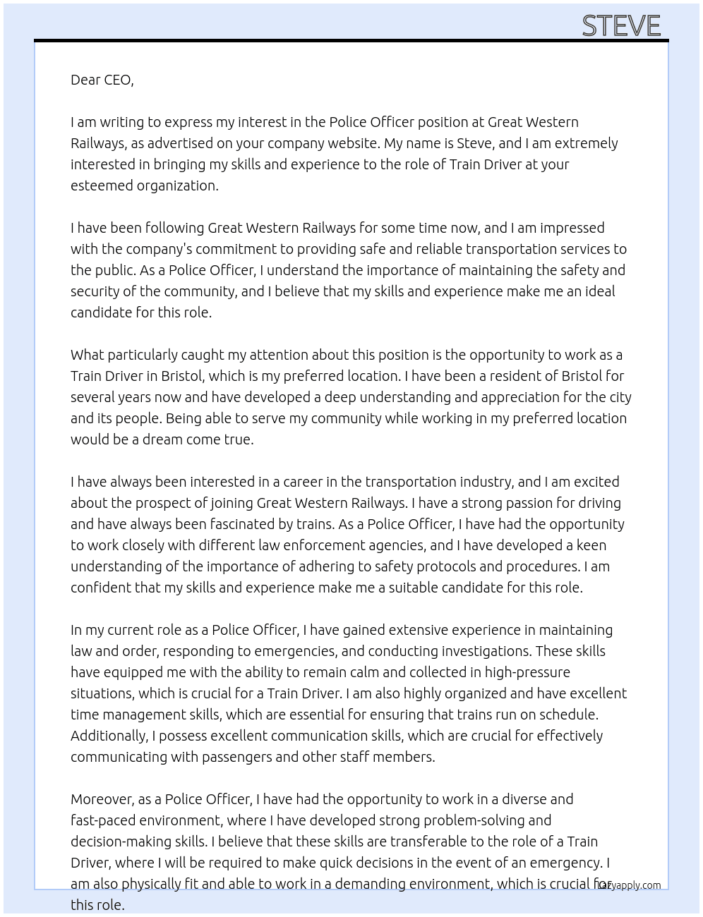 Police officee At Great western railways Cover Letter