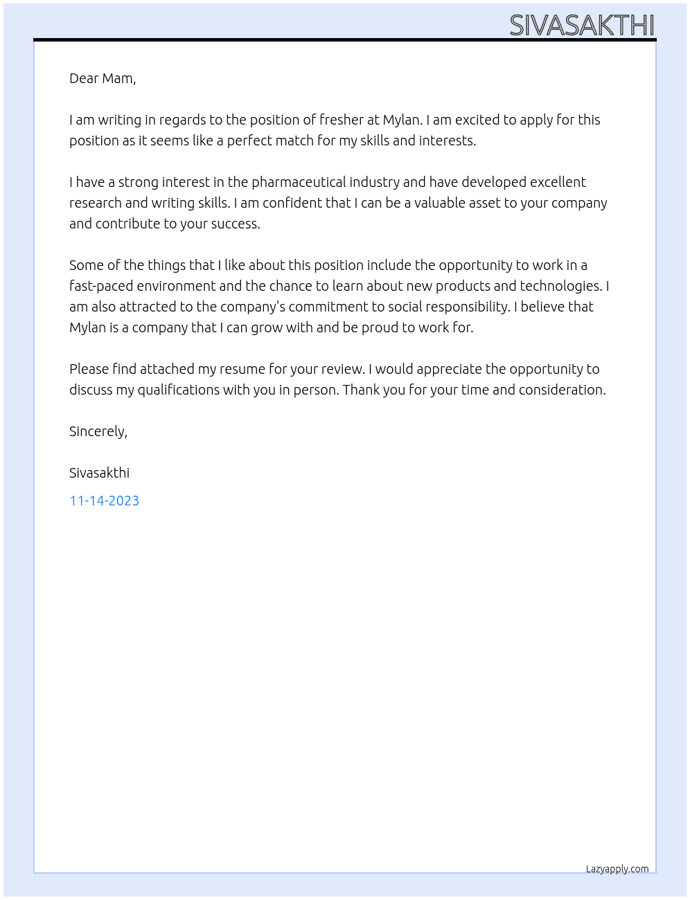 fresher At mylan Cover Letter