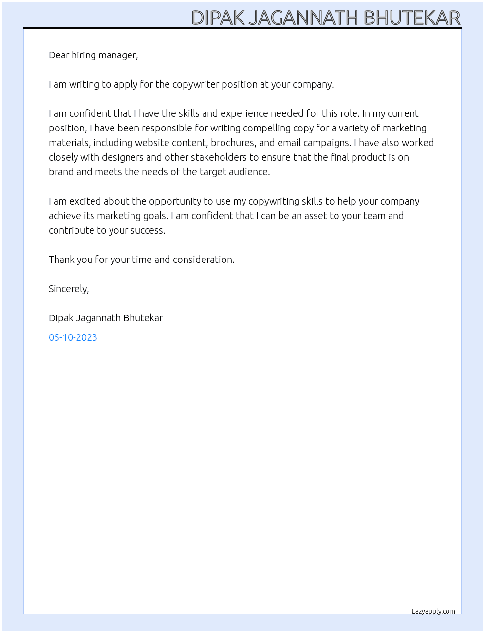 copywriter At your compny Cover Letter