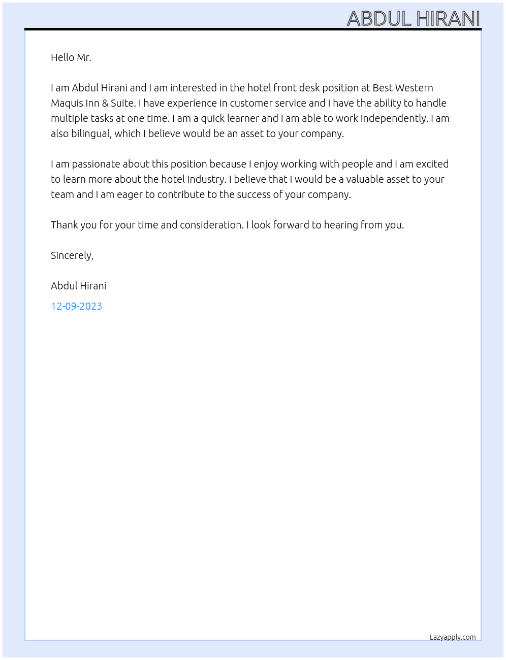 hotel front desk At best western maquis inn & suite Cover Letter