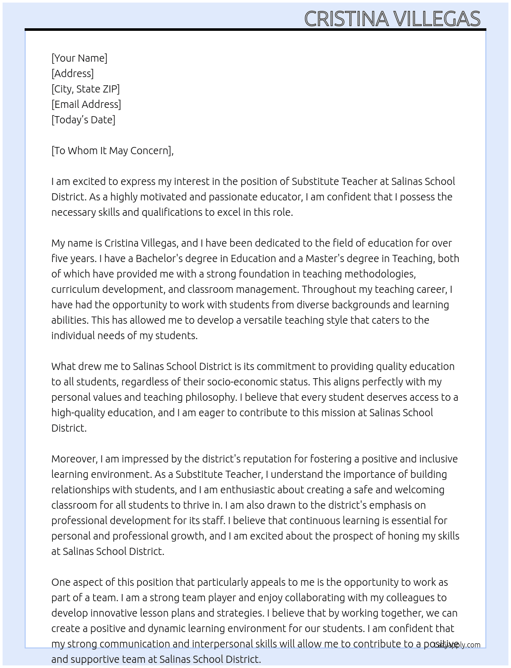 Substitute Teacher  At Salinas School District  Cover Letter