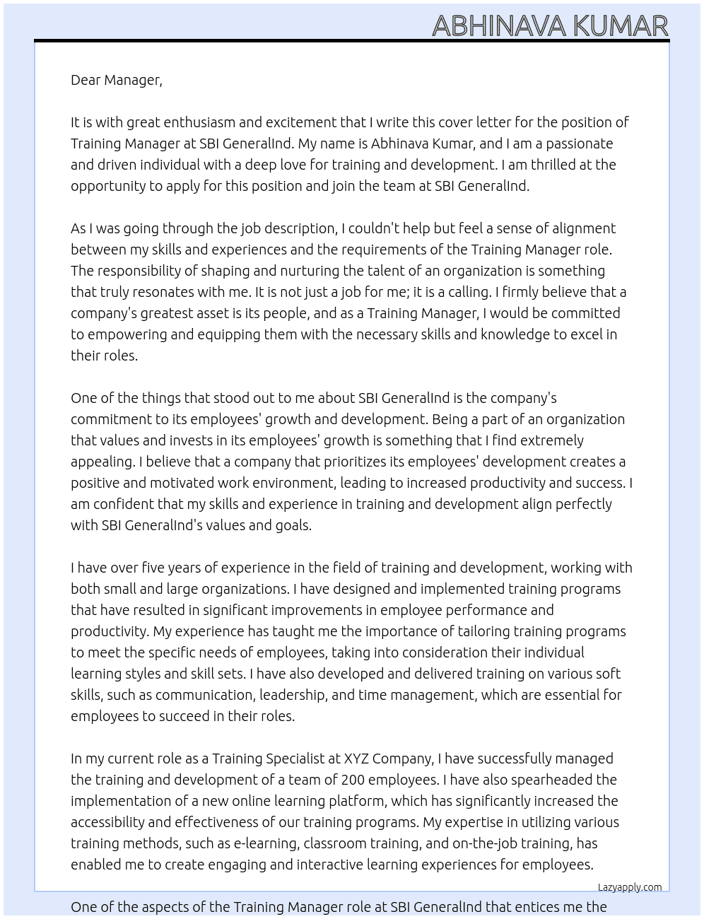 Training Manager At SBI GeneralInd Cover Letter