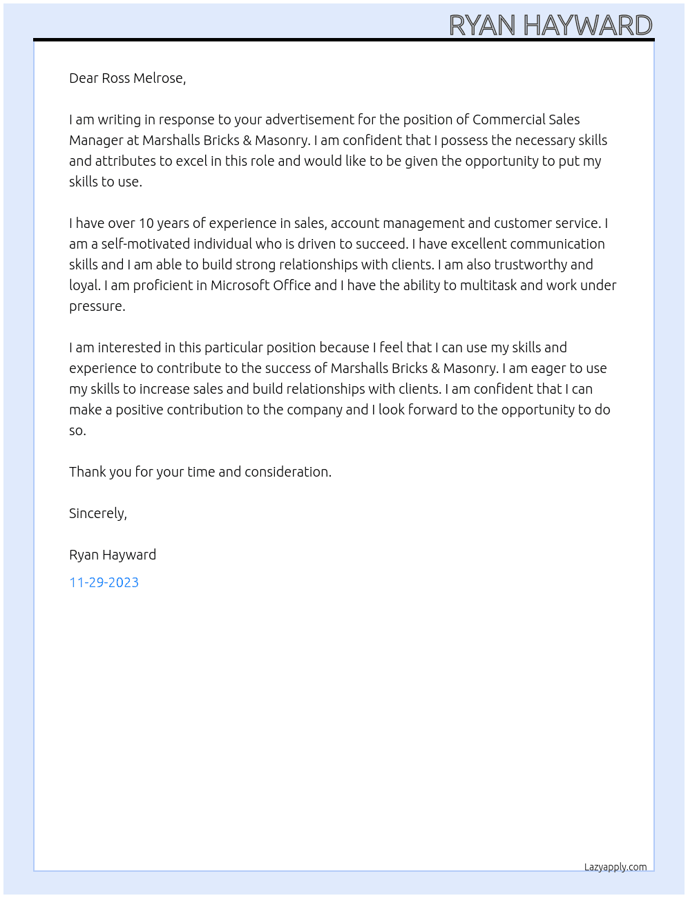 Commercial Sales Manager  At Marshalls Bricks & Masonry Cover Letter