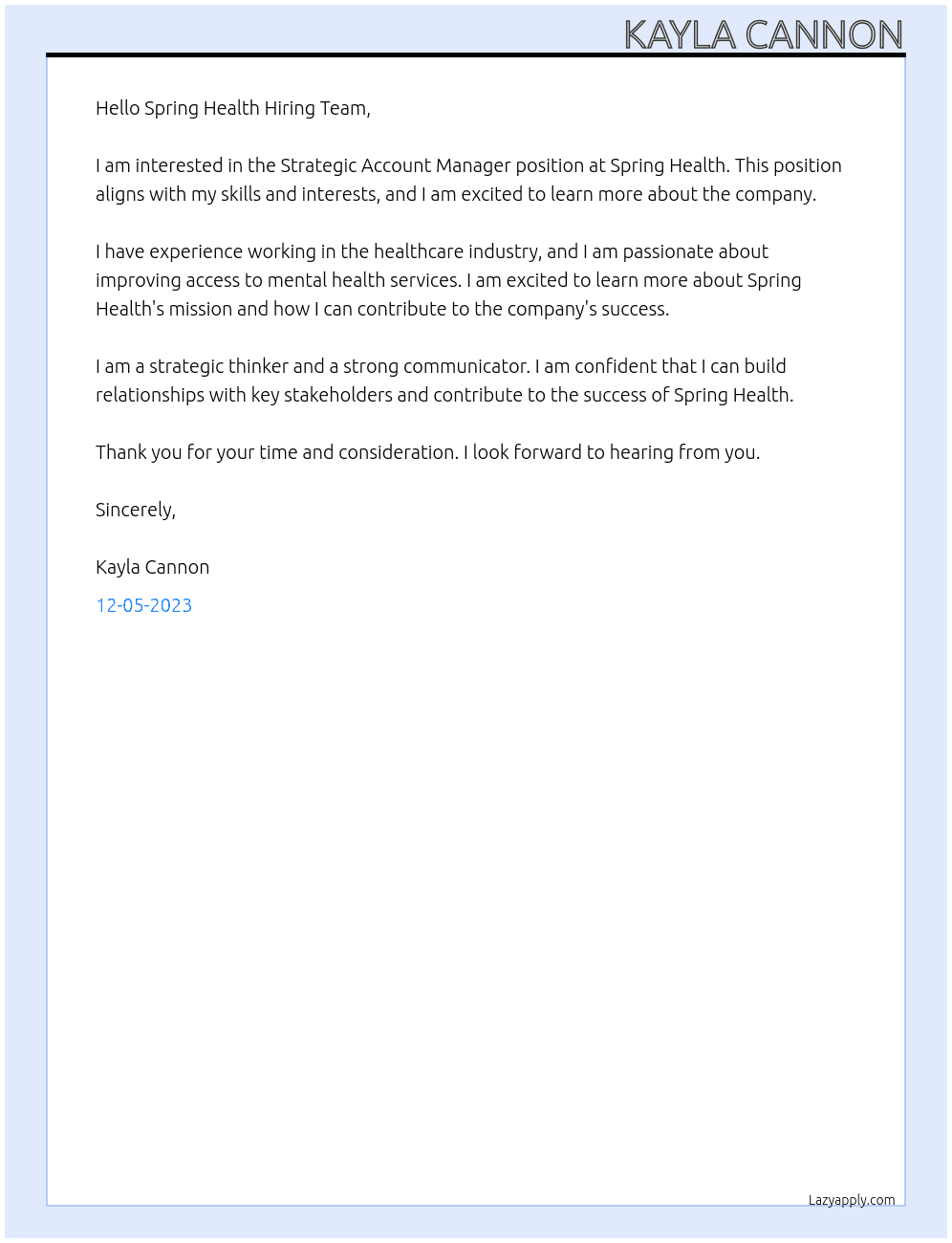 Strategic Account Manager At Spring Health Cover Letter