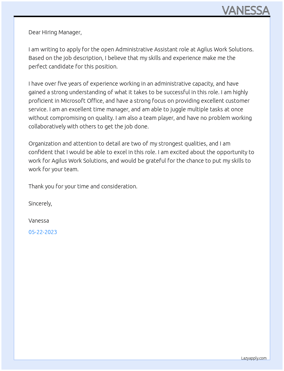 Administrative Assistant At Agilus Work Solutions Cover Letter