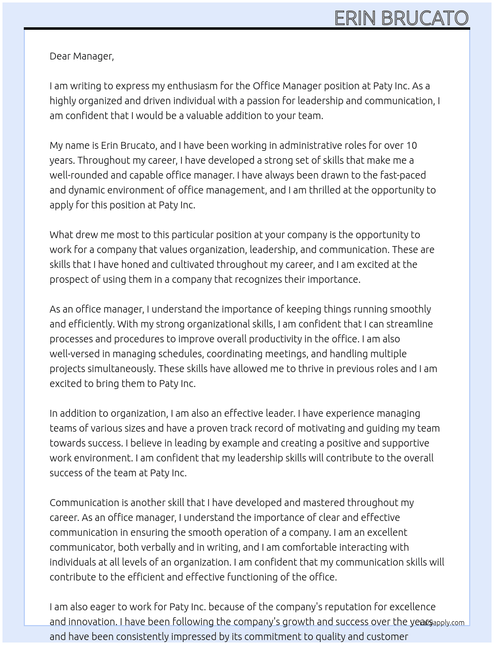 Office Manager At Paty Inc. Cover Letter