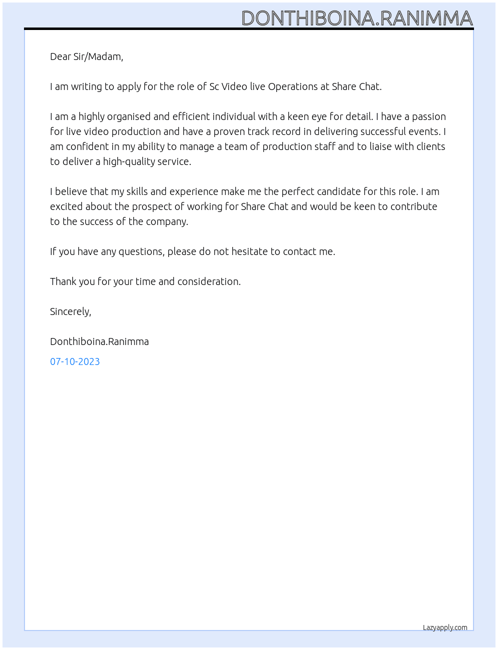 Sc Video live Operations At Share Chat Cover Letter