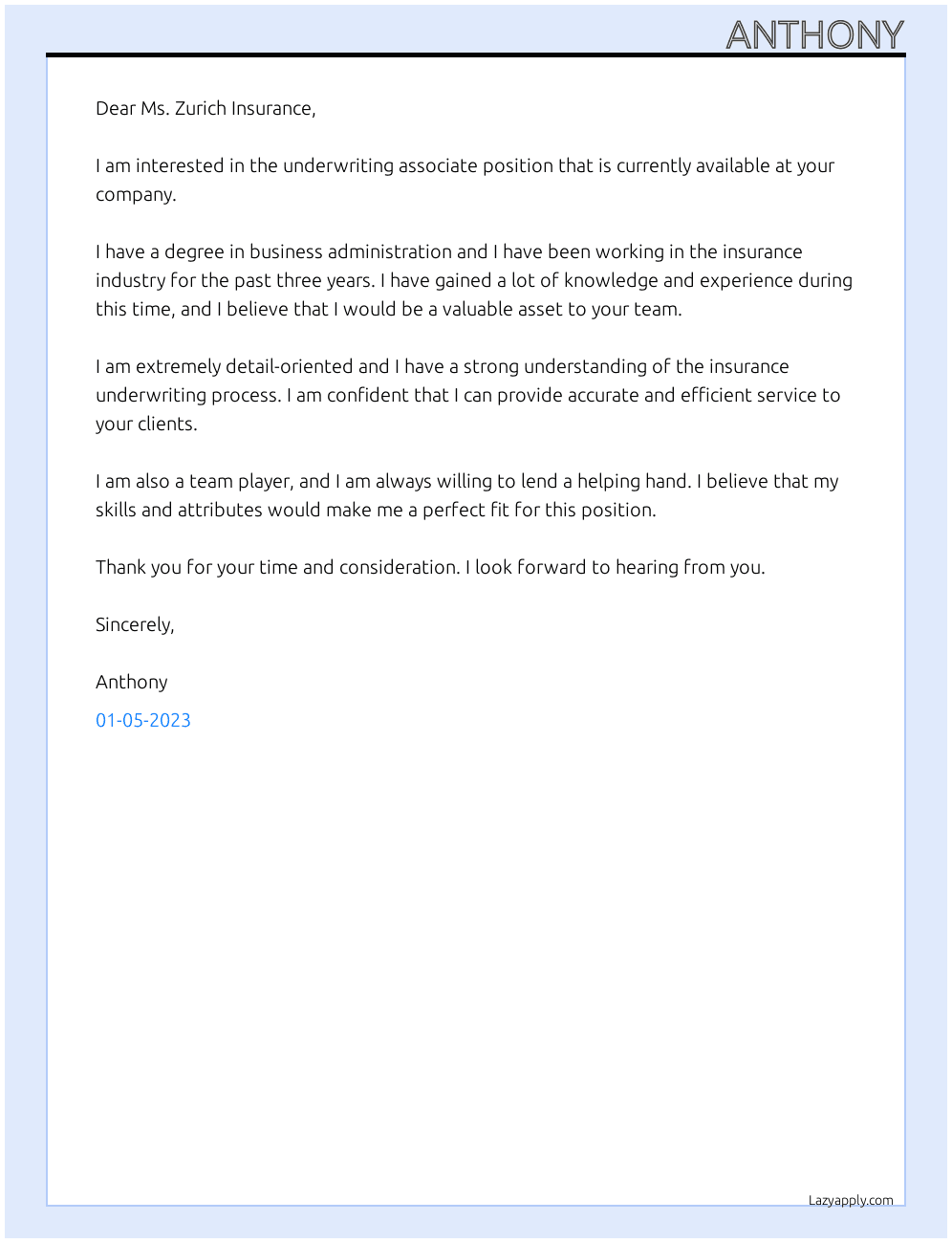 Underwritter Associate At Zurich Insurance  Cover Letter