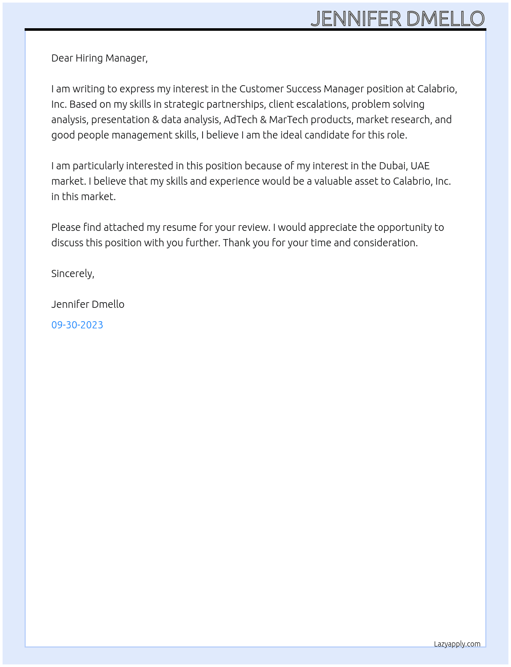 Customer Success Manager At Calabrio, Inc. Cover Letter