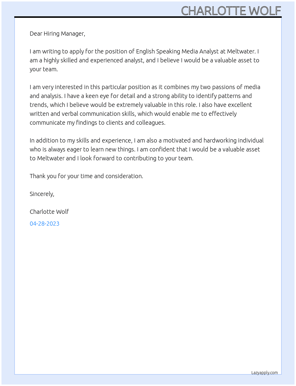 English Speaking Media Analyst At Meltwater Cover Letter