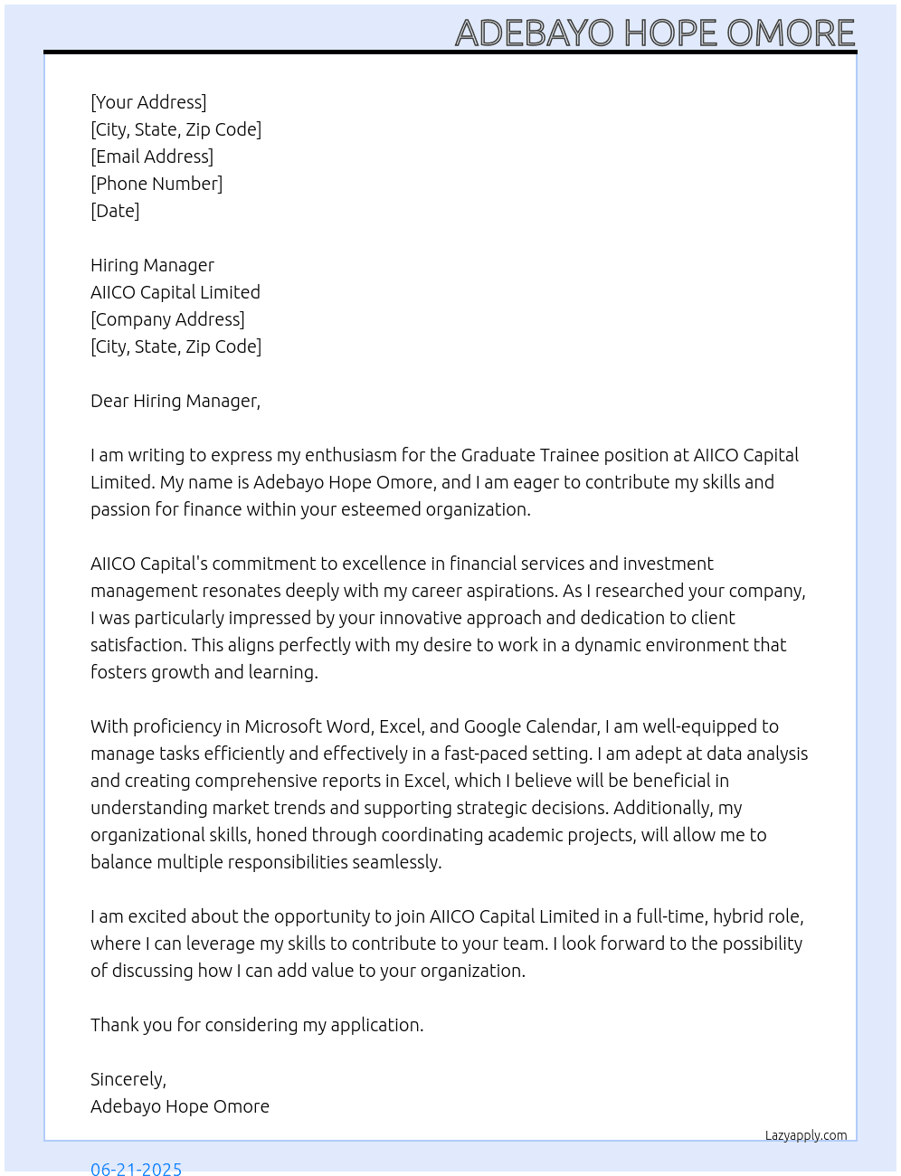 Graduate Trainee At AIICO Capital Limited Cover Letter