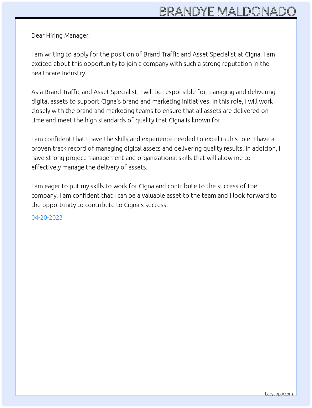 Brand Traffic and Asset Specialist At Cigna Cover Letter