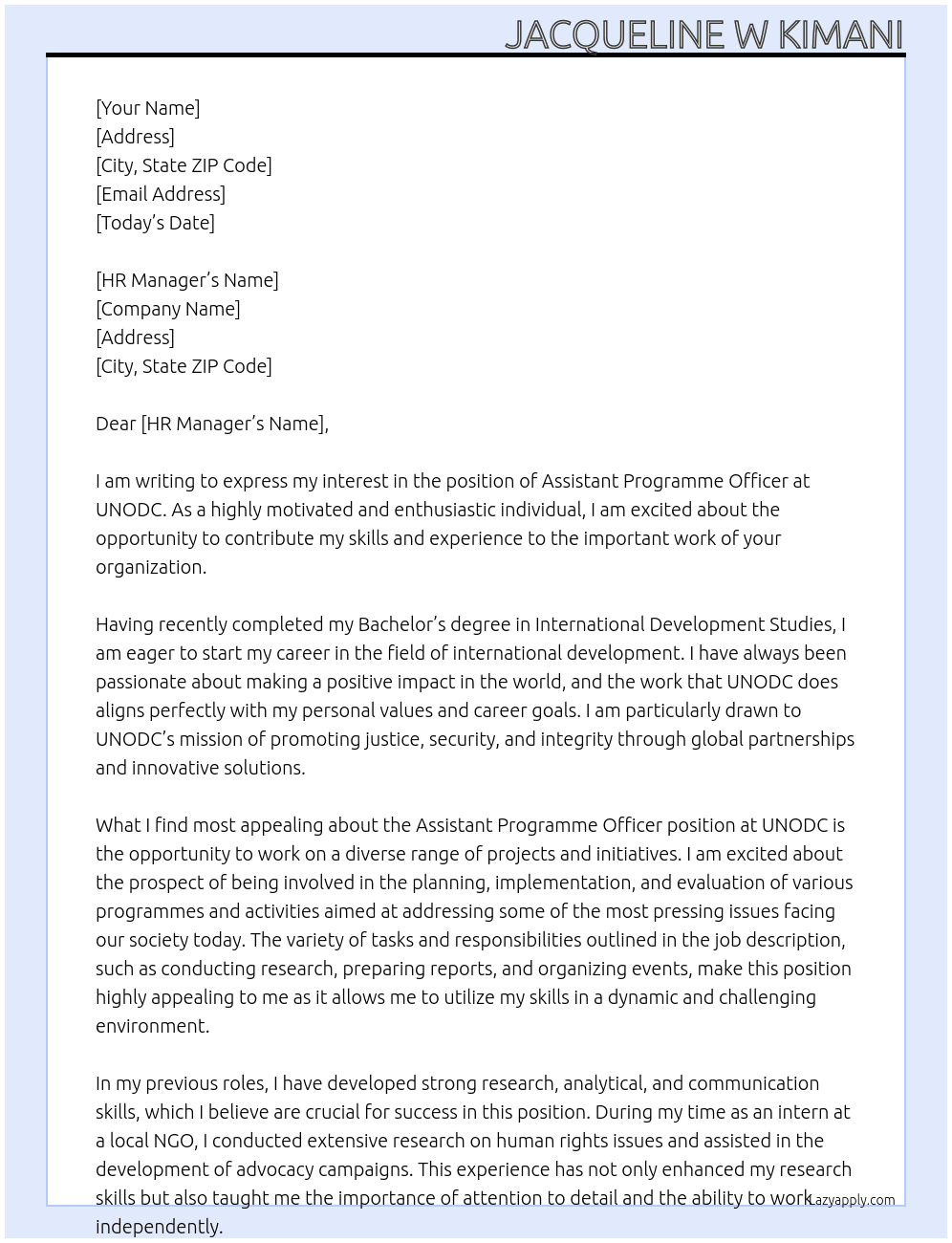 ASSISTANT PROGRAMME OFFICER At UNODC Cover Letter