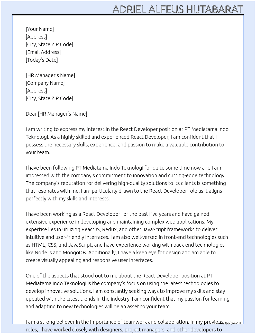 React Developer At PT Mediatama Indo Teknologi Cover Letter