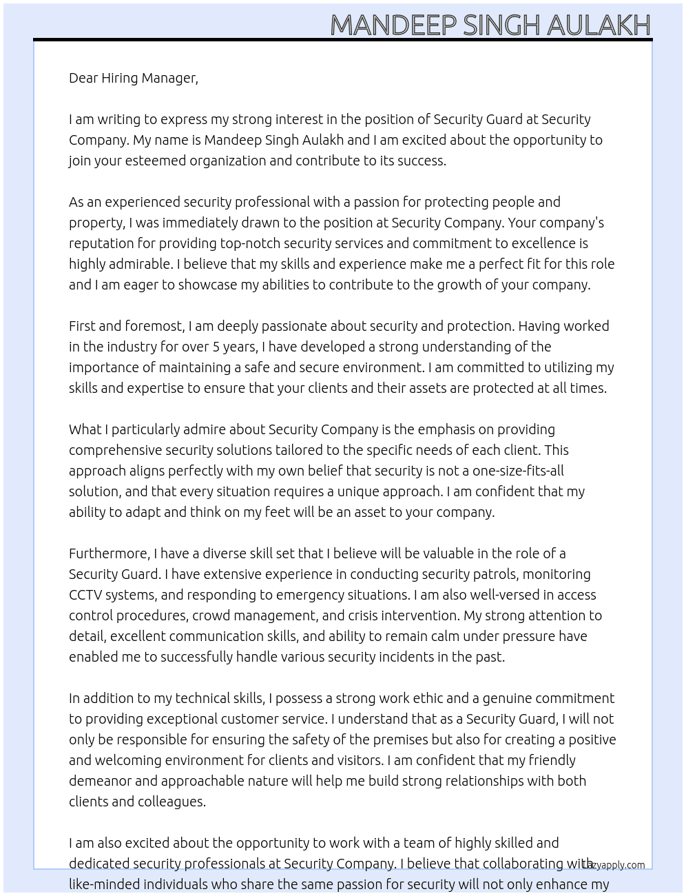 Security Guards  At Security Company  Cover Letter