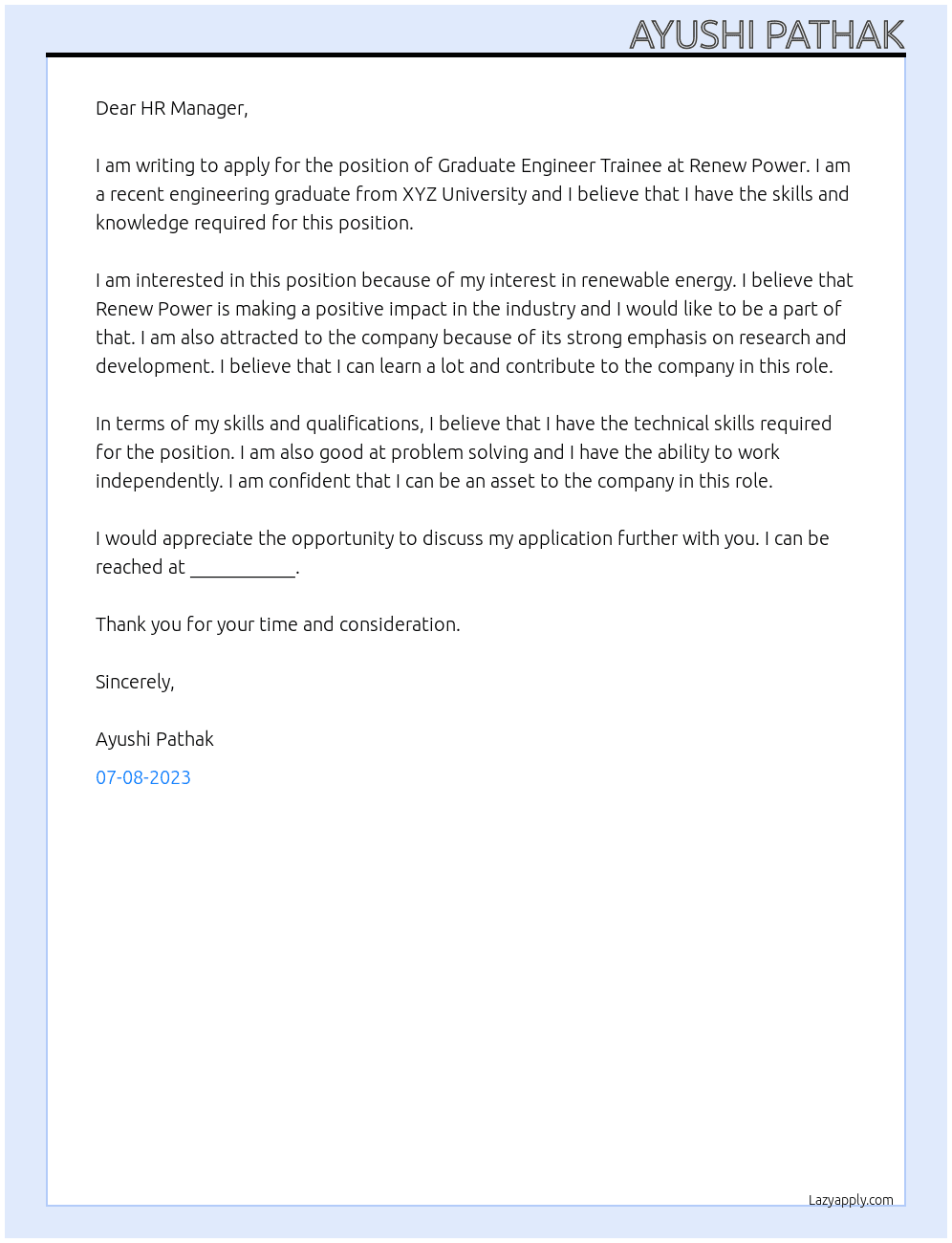 Graduate Engineer Trainee At Renew Power Cover Letter