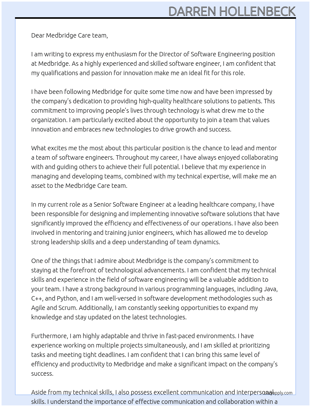 Director of Software Engineering At Medbridge Cover Letter