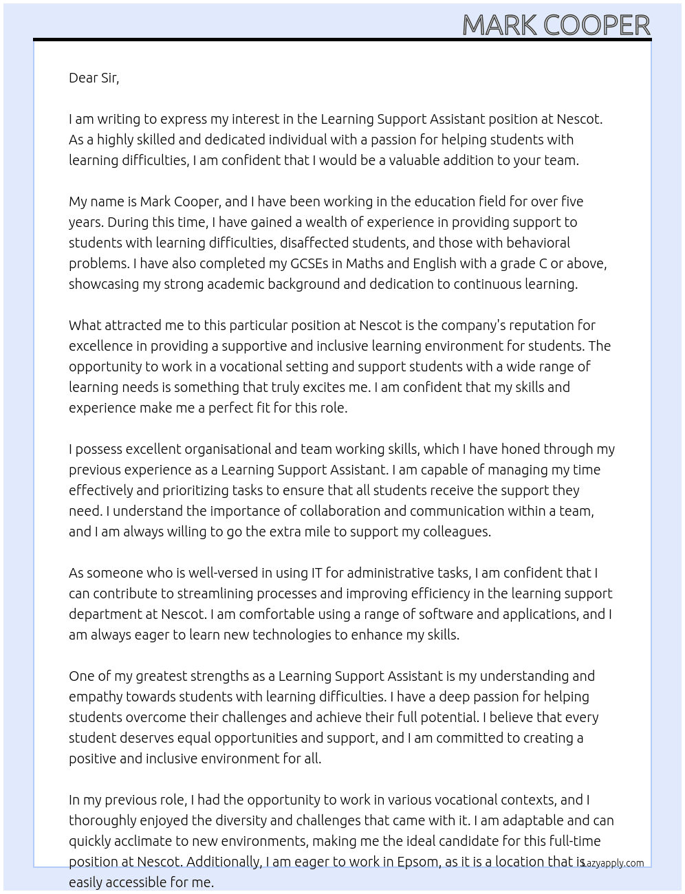 Learning support assistant At Nescot Cover Letter