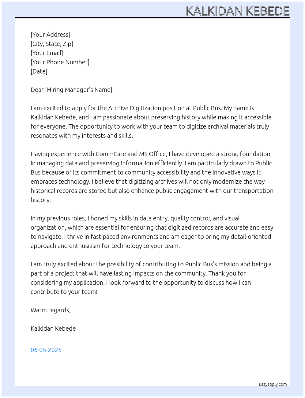 Archive digitization At Public bus Cover Letter