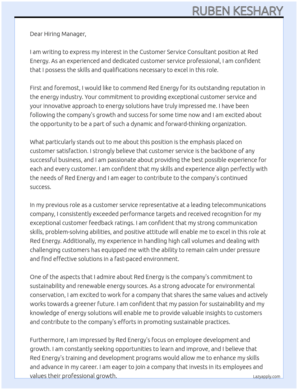 Customer Service Consultant At Red Energy Cover Letter
