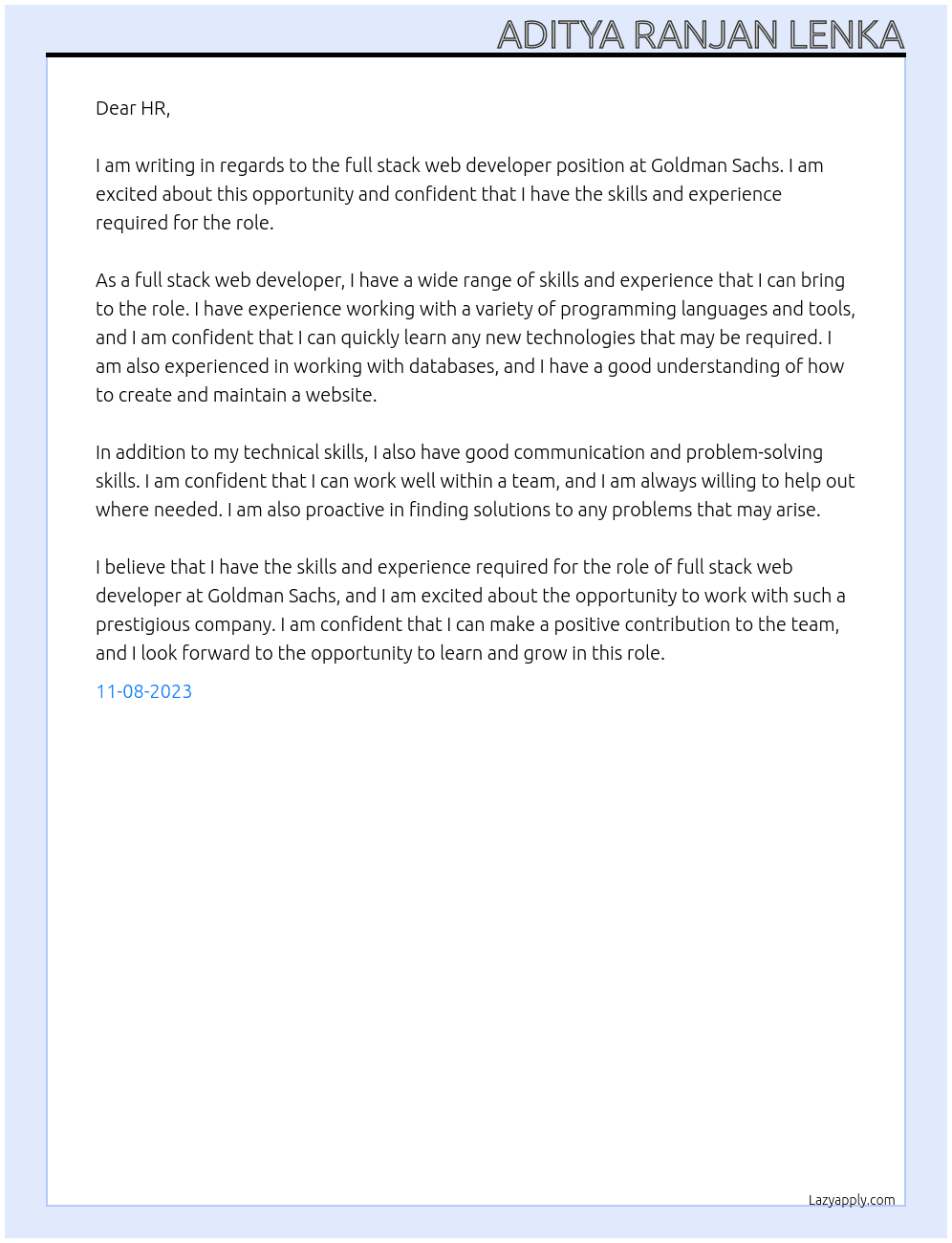 full stack web developer At Goldman Sachs Cover Letter