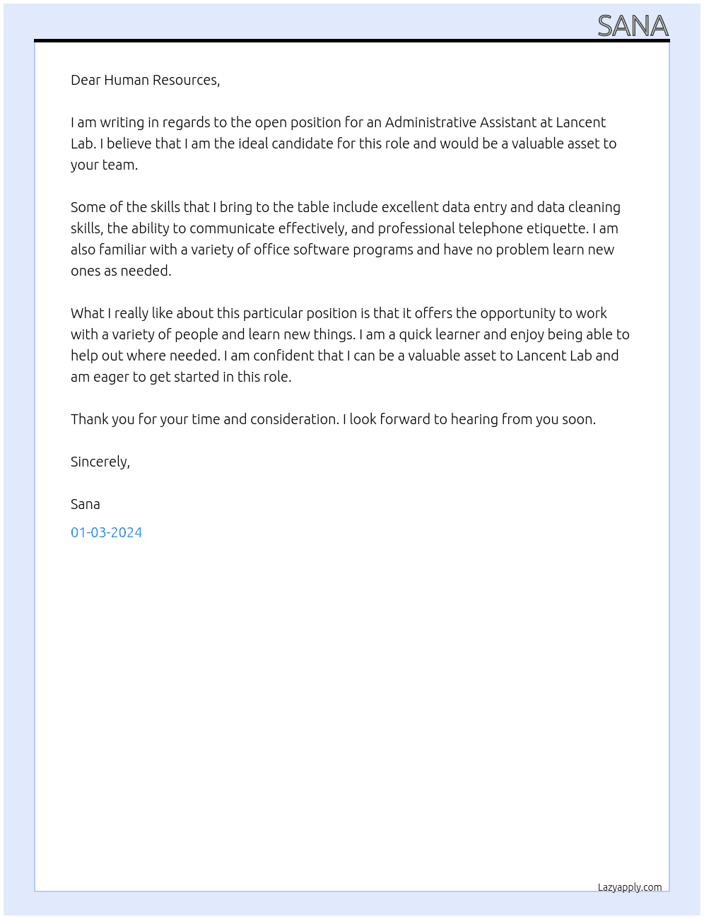 admin assitant At Lancent lab Cover Letter