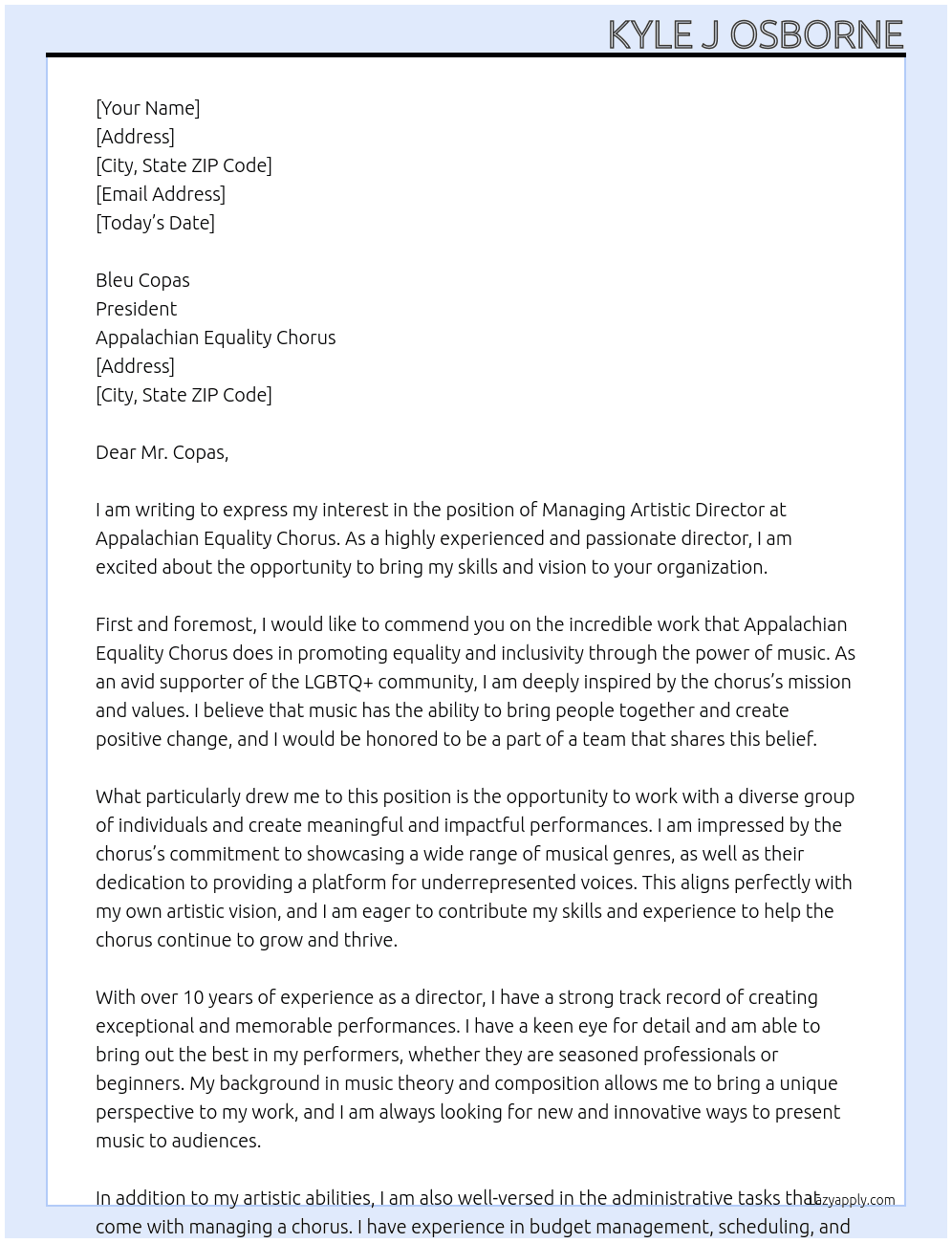 Managing Artistic Director At Appalachian Equality Chorus Cover Letter