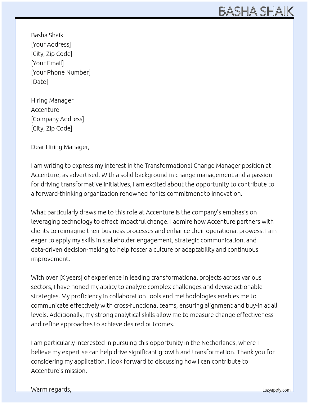 Transformational Change Manager At Accenture Cover Letter