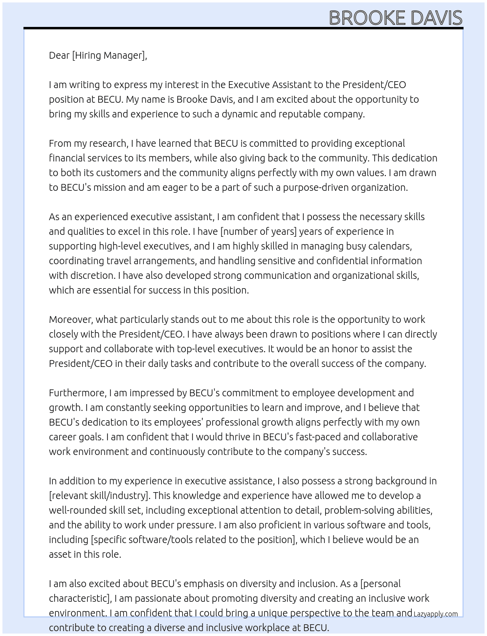 Executive Assistant to the President/CEO At BECU Cover Letter