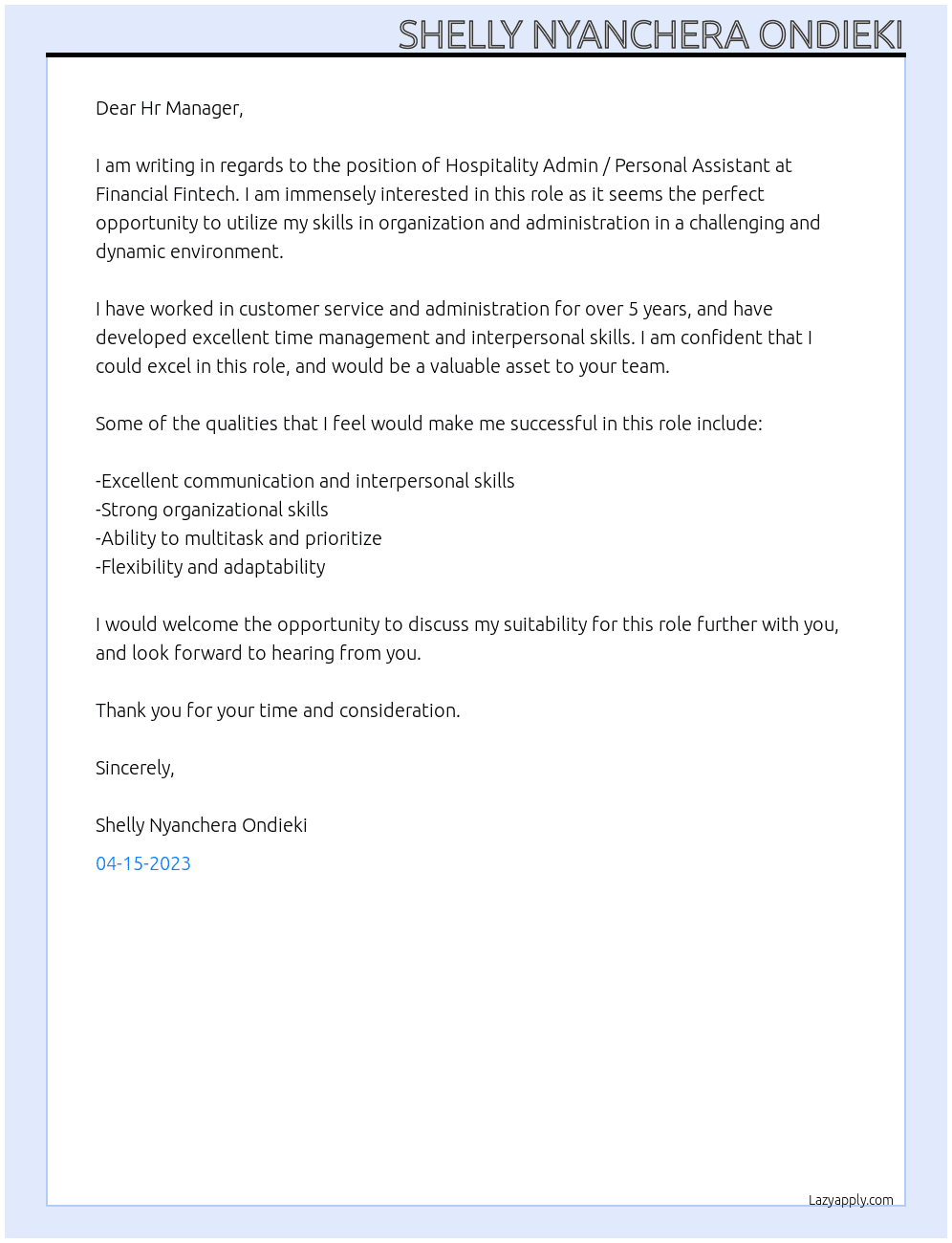 Hospitality Admin / Personal Assistant At Financial Fintech Cover Letter