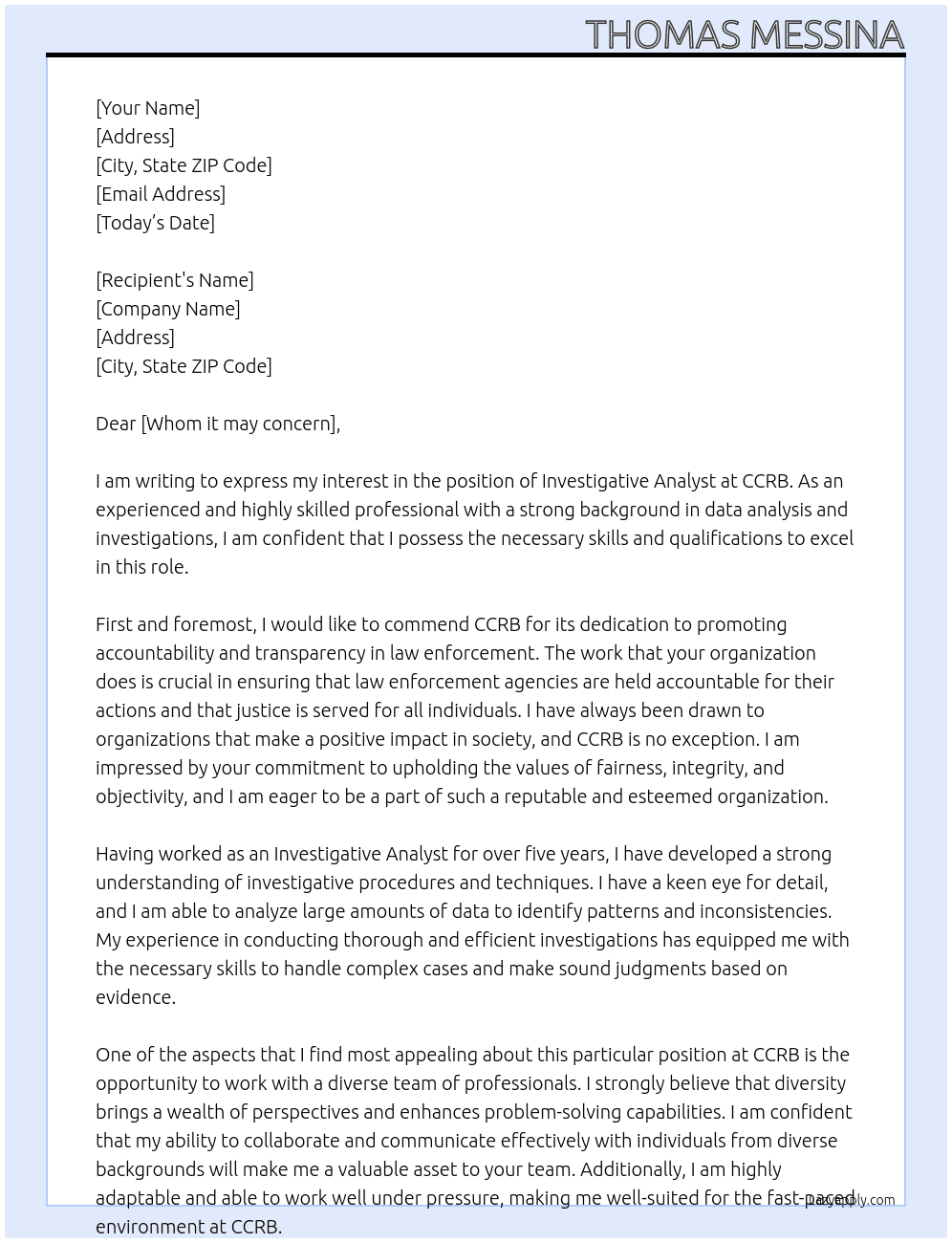 Investigative analyst At CCRB Cover Letter