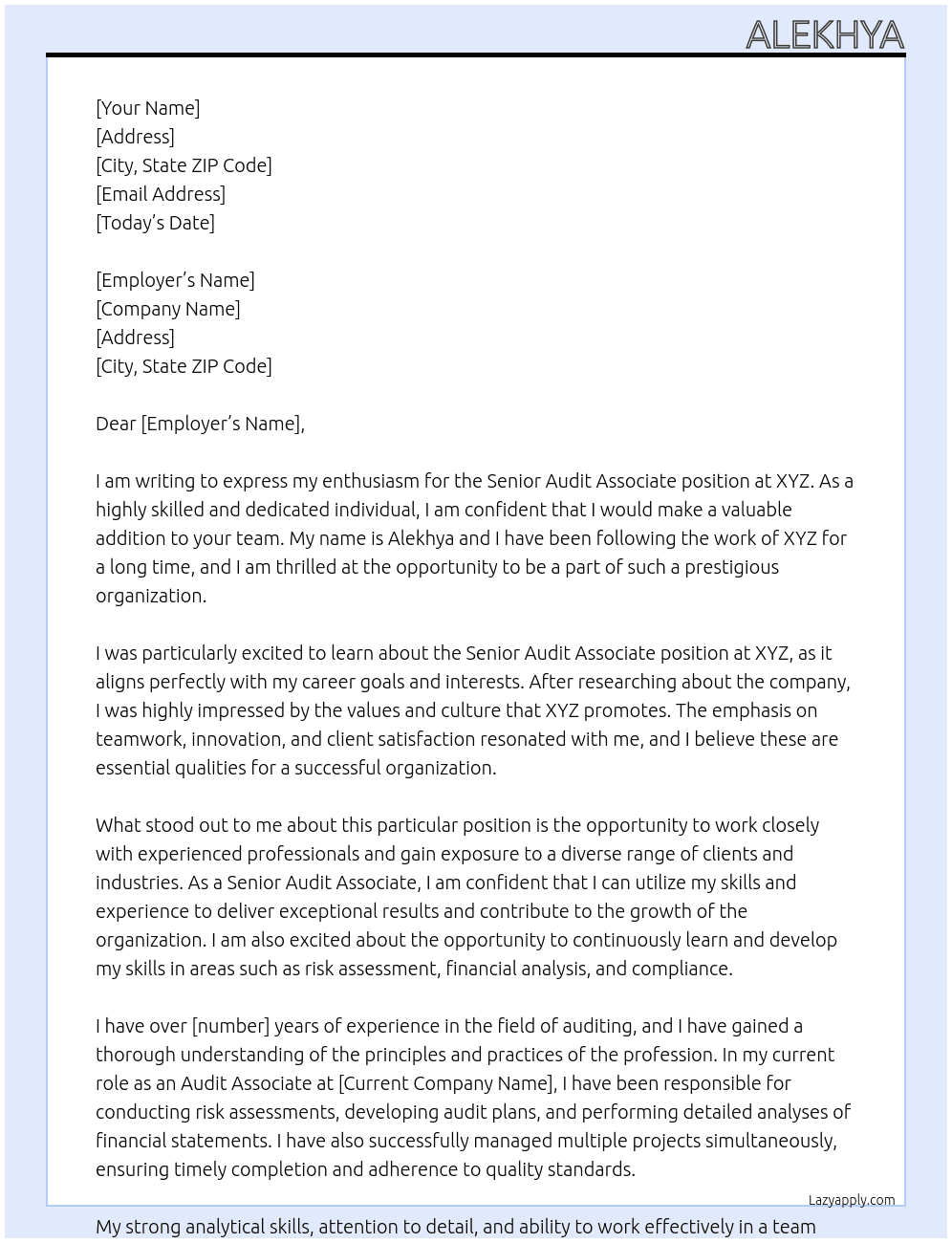 senior audit associate At xyz Cover Letter